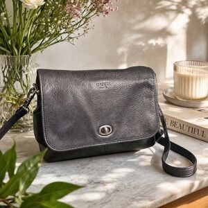 Margot Black Pebbled Leather Crossbody Bag Flap Turn Lock Gunmetal Hardware